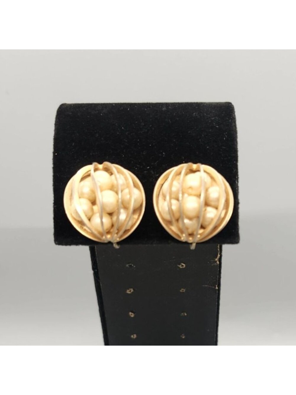 Vintage Gold-Tone Clip-On Earrings With Faux Pearl Cluster Design 1 Inch Diamete